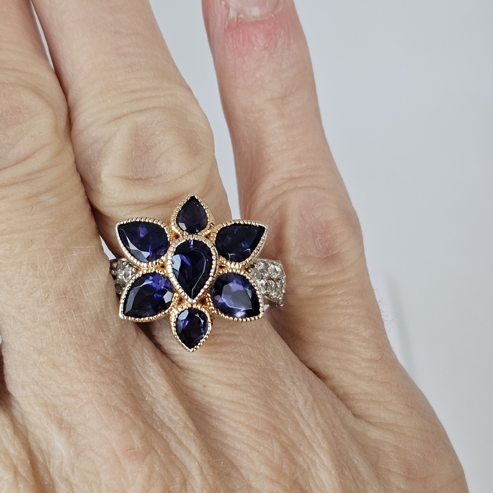 Genuine Iolite & White Zircon Ring Palladium Sterling Silver 18k RG Sz 8 - Picture 6 of 8